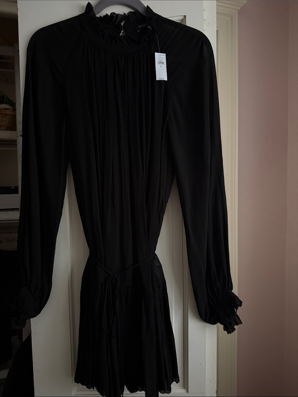 Banana Republic Black Long-Sleeve Mini Dress with Smocked Neck
